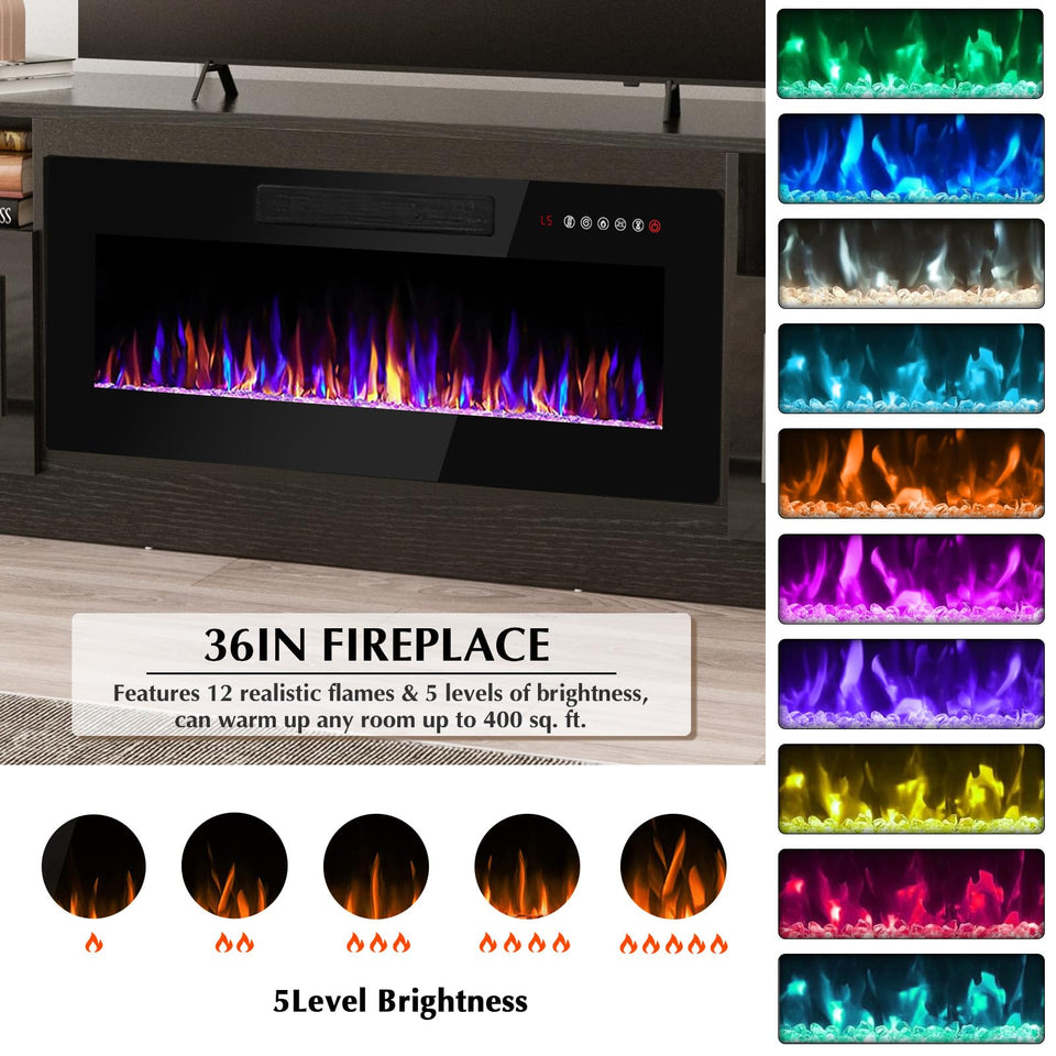 Lemberi Fireplace tv Stand with 36 inch Fireplace Up to 90" TVs, LED Light Entertainment Center and Storage, 80" Modern Wood Media TV Console with Highlight Cabinet for Living Room (White)