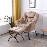 LITA Lazy Chair with Ottoman, Modern Accent Leisure Upholstered Lazy Sofa Armchair, Contemporary Lounge Reading Chair with Armrests and a Side Pocket for Living Room, Bedroom & Small Space, Dark Grey