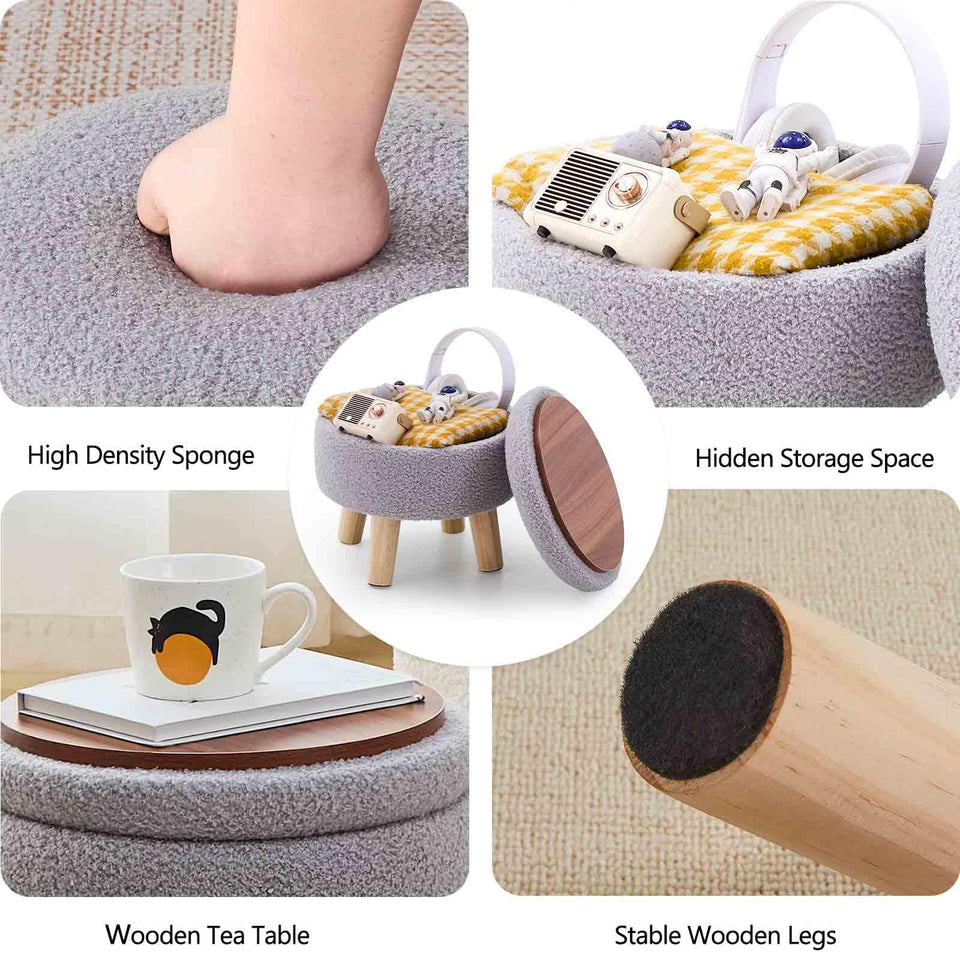 Wimarsbon Storage Ottoman, Modern Round Footrest with Soft Padded Seat, Teddy Velvet Footstool with Wood Legs, Accent Small Table or Plant Stand for Hallway, Living Room (Cream)