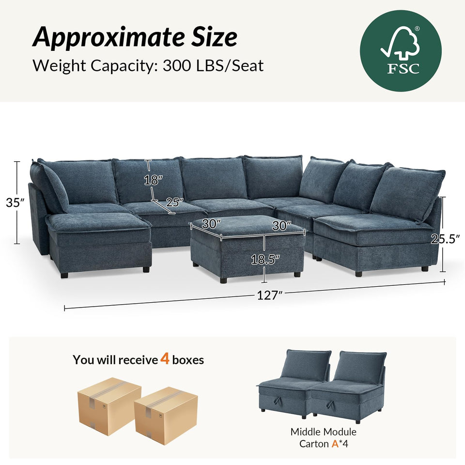 HULALA HOME 127'' Modular Sectional Sofa, Oversized U Shaped Couch with Storage Ottoman, Comfy Chenille Sofa with Deep Seat, 6 Seat Convertible Couches for Living Room, Beige