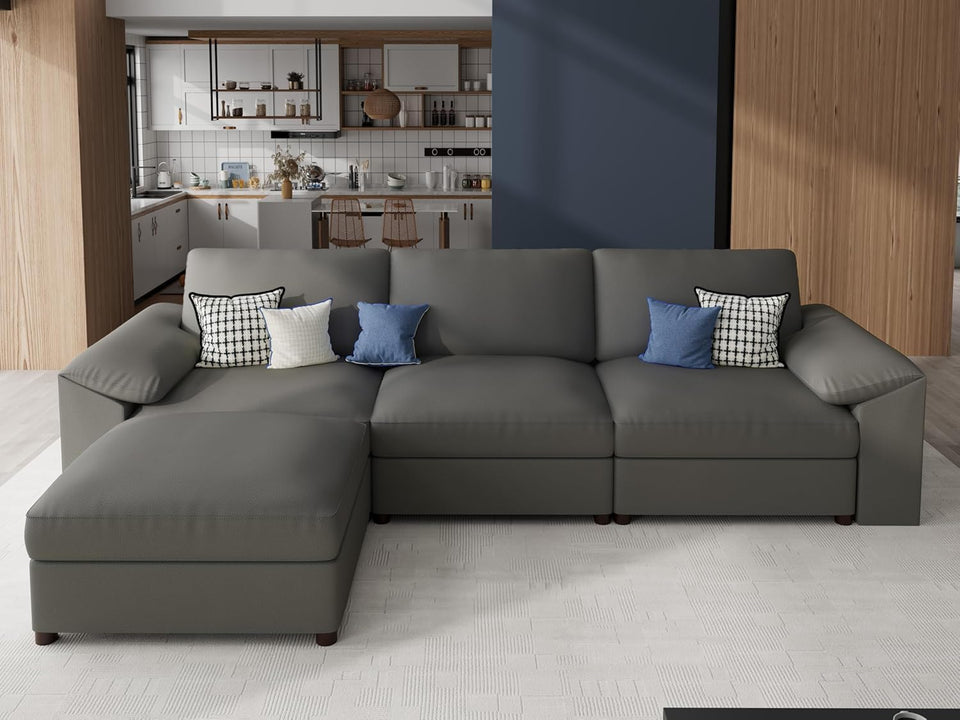 EASE MOOSE Leather Sectional Couch, Oversized Modular Sectional Sofas, Wide Deep Seat Modular Couch, Scratch Resistant Faux Leather Material, L Shaped Sofa for Big Spaces,Beige