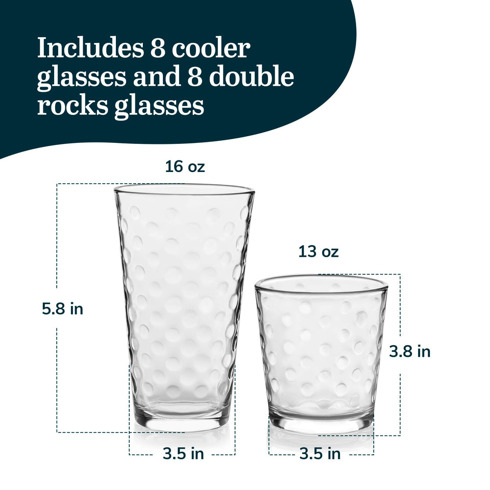 Libbey Ascent Tumbler and Rocks Drinking Glasses Set of 16, Glass Drinking Glasses with Curvature, Versatile Glassware Set for Parties and More