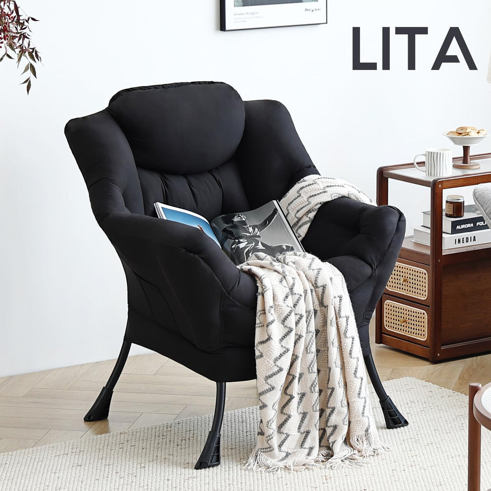 LITA Lazy Chair with Ottoman, Modern Accent Leisure Upholstered Lazy Sofa Armchair, Contemporary Lounge Reading Chair with Armrests and a Side Pocket for Living Room, Bedroom & Small Space, Dark Grey