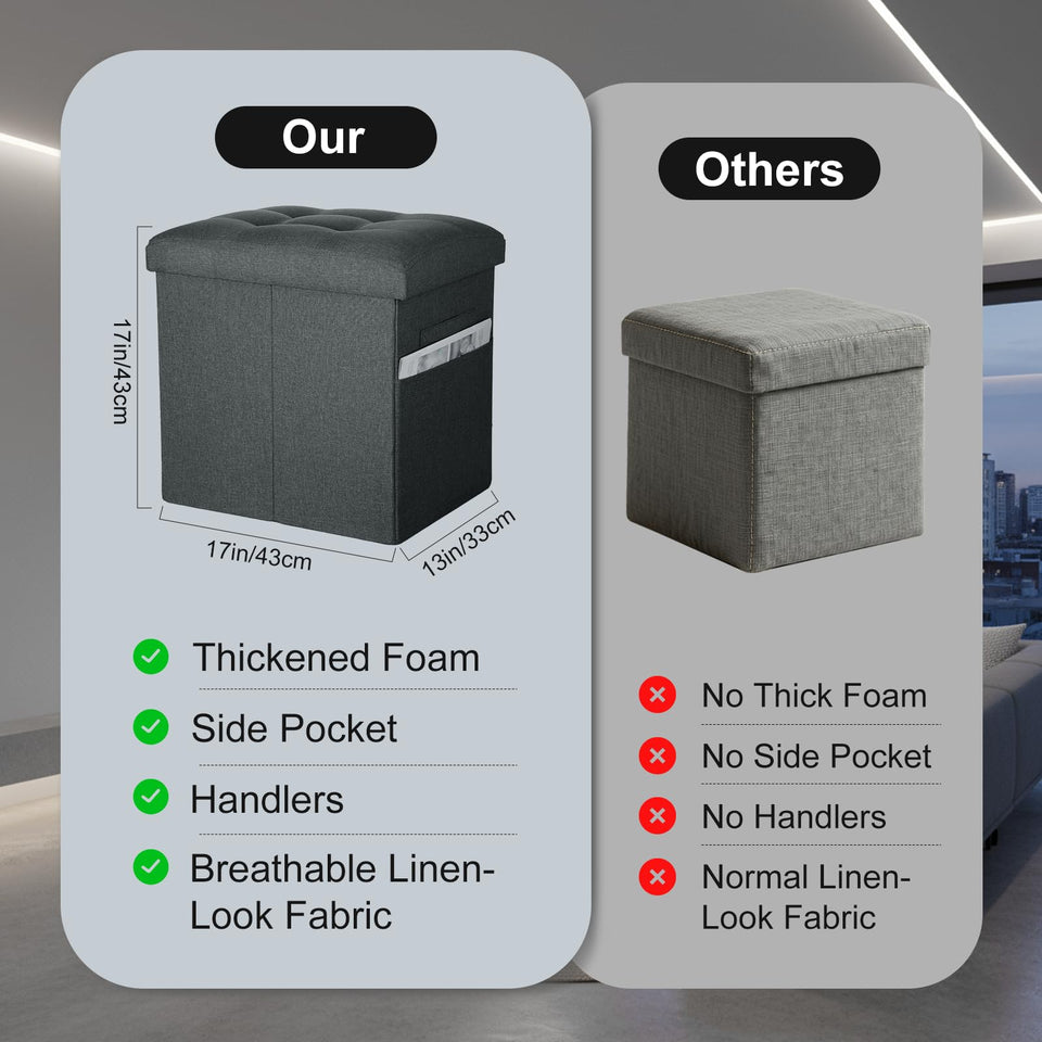 Storage Ottoman with Extra Thick Foam Padded Seat, Foldable Foot Rest Stool with Linen Fabric, 43L Ottoman with Storage Bench for Bedroom Living Room, Holds Up to 300lbs, 17x13x13in, Dark Gray