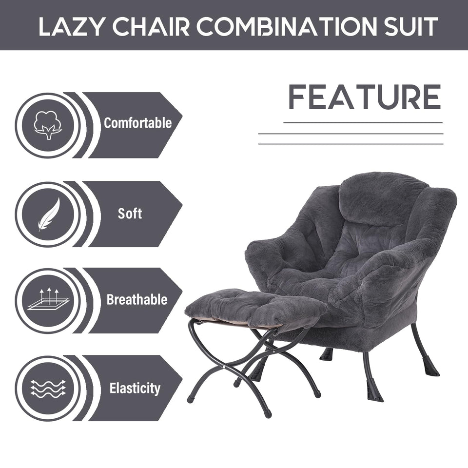 LITA Lazy Chair with Ottoman, Modern Accent Leisure Upholstered Lazy Sofa Armchair, Contemporary Lounge Reading Chair with Armrests and a Side Pocket for Living Room, Bedroom & Small Space, Dark Grey