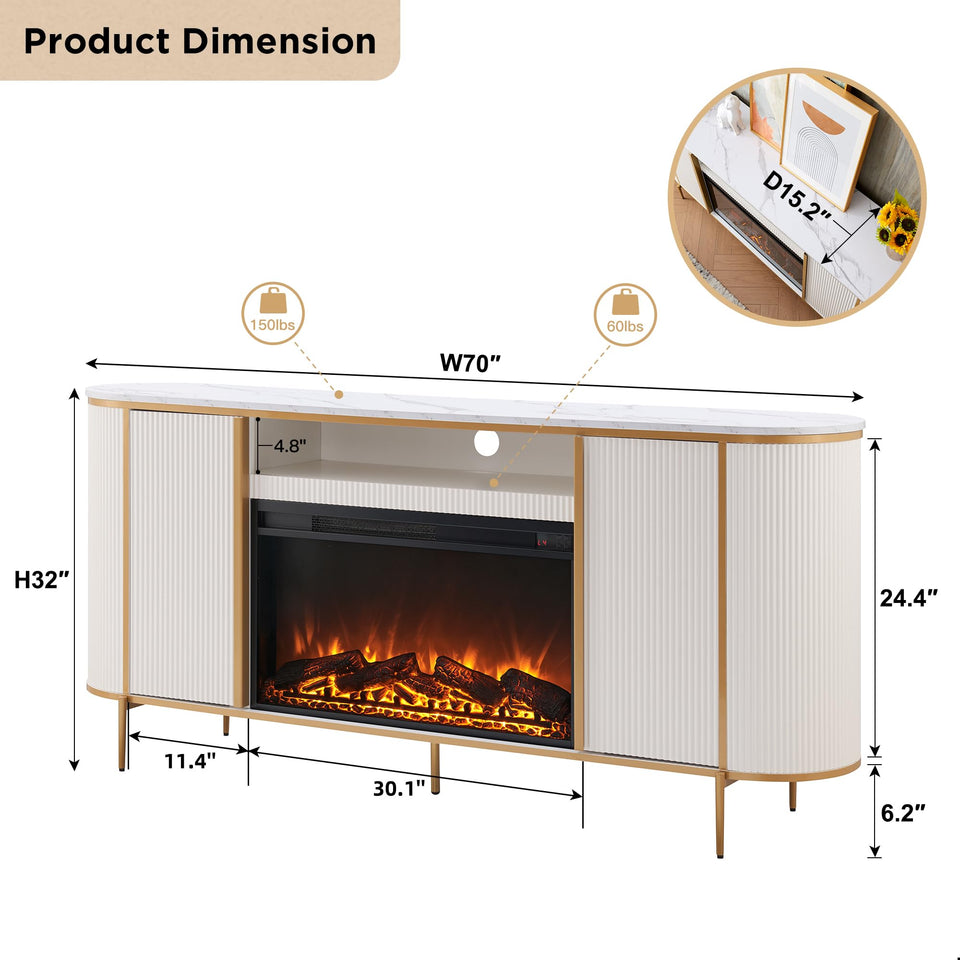 OKD Luxury 70" Fluted TV Stand, Modern Chic Entertainment Center for TVs Up to 80 inches, TV Console with Faux Marble Top, Curved Profile Design, Media Console for Living Room, Natural Oak