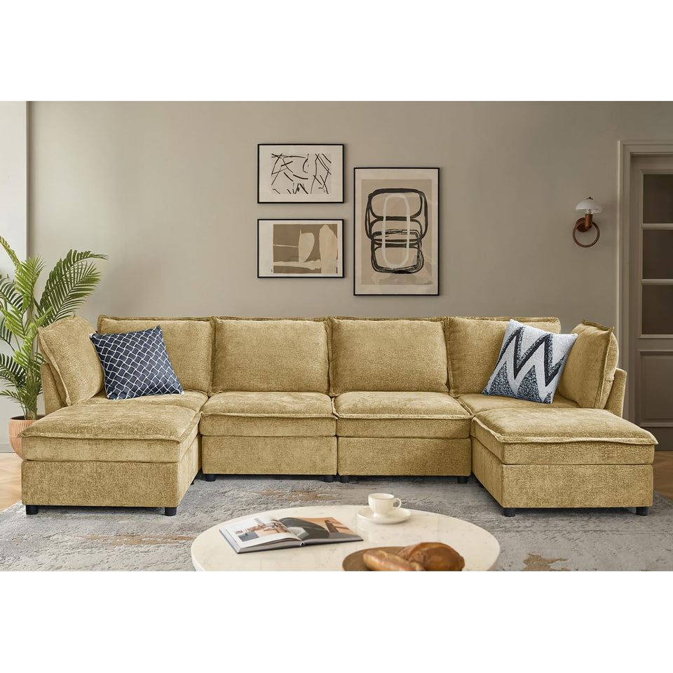 HULALA HOME 127'' Modular Sectional Sofa, Oversized U Shaped Couch with Storage Ottoman, Comfy Chenille Sofa with Deep Seat, 6 Seat Convertible Couches for Living Room, Beige