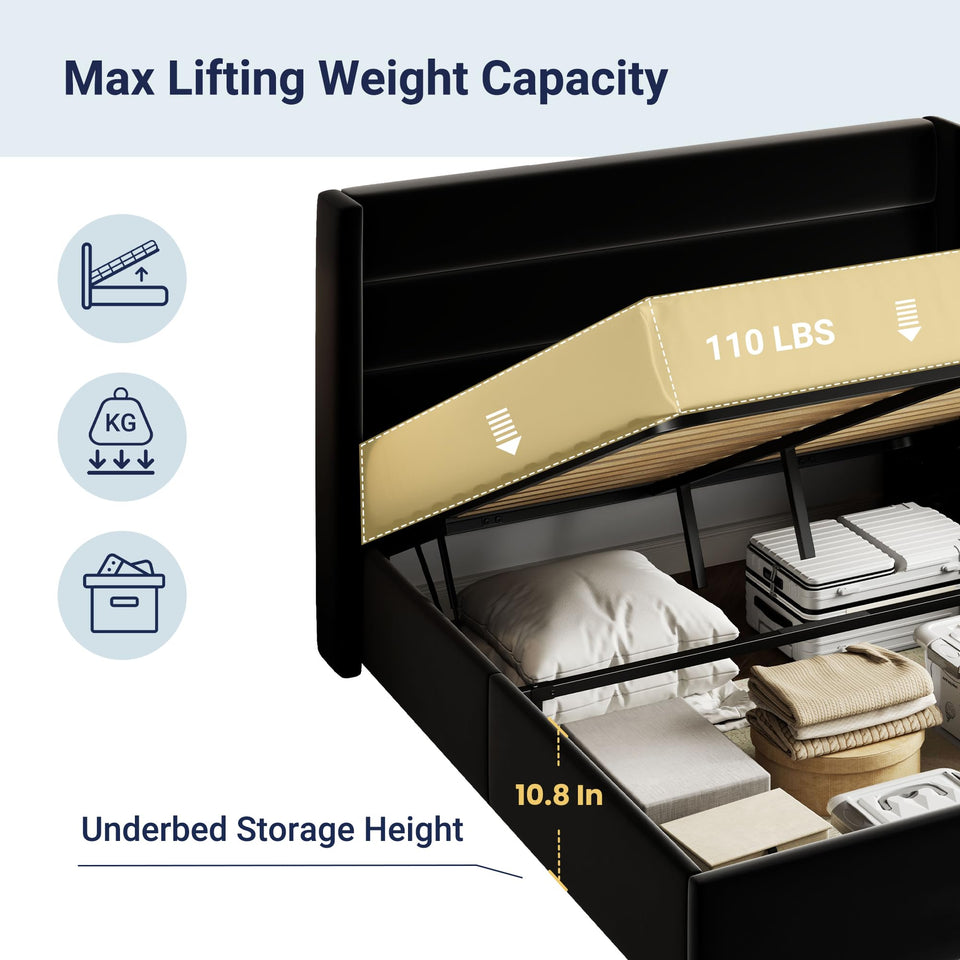 Allewie King Size Lift Up Storage Bed, Modern Wingback Headboard, Hydraulic Support, No Box Spring Needed, Light Beige