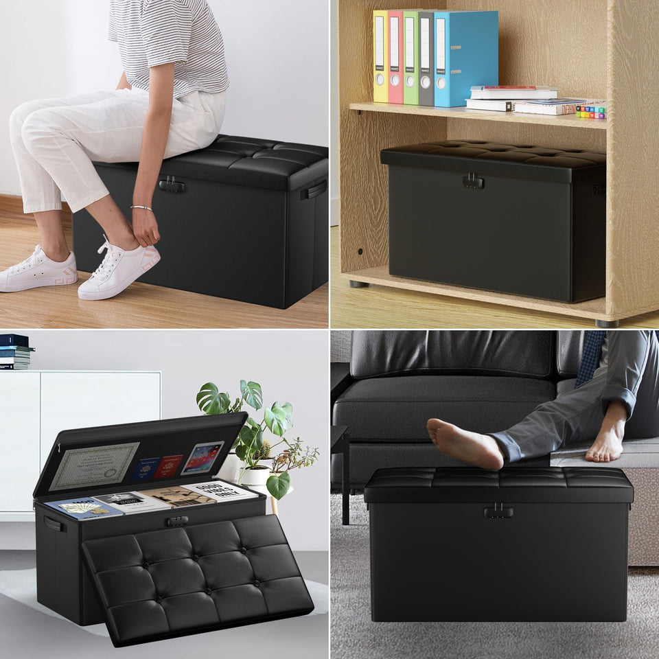 DocSafe Storage Ottoman with Lock,Fireproof Folding Ottoman Foot Rest Stool Storage Chest with Storage Safe for Important Documents,Waterproof 17 Inches Short Ottoman Foot Stool with Handles,Black