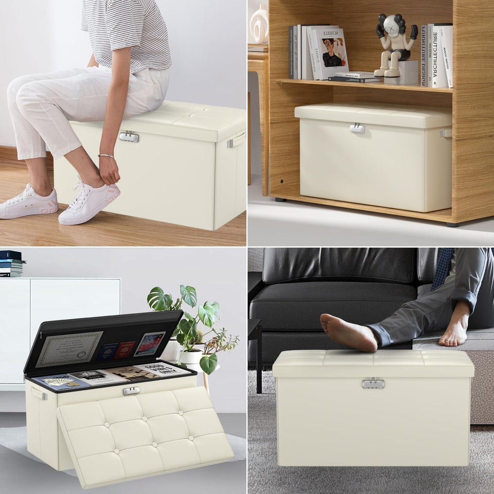 DocSafe Storage Ottoman with Lock,Fireproof Folding Ottoman Foot Rest Stool Storage Chest with Storage Safe for Important Documents,Waterproof 17 Inches Short Ottoman Foot Stool with Handles,Black