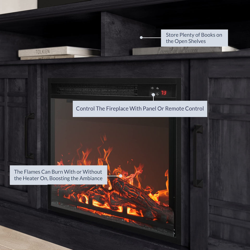 BELLEZE Traditional 58" Rustic TV Stand with 23" Electric Fireplace Heater with Sound, Media Entertainment Center Console Table for TV up to 65" with Open Storage Shelves and Cabinets - Espresso