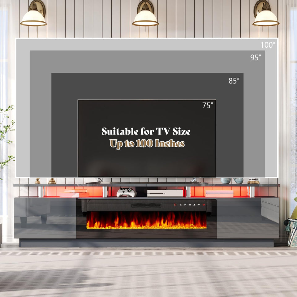 AMERLIFE Fireplace TV Stand with 36" Fireplace, 70" Modern High Gloss Fireplace Entertainment Center LED Lights, 2 Tier TV Console Cabinet for TVs Up to 80", Obsidian Black