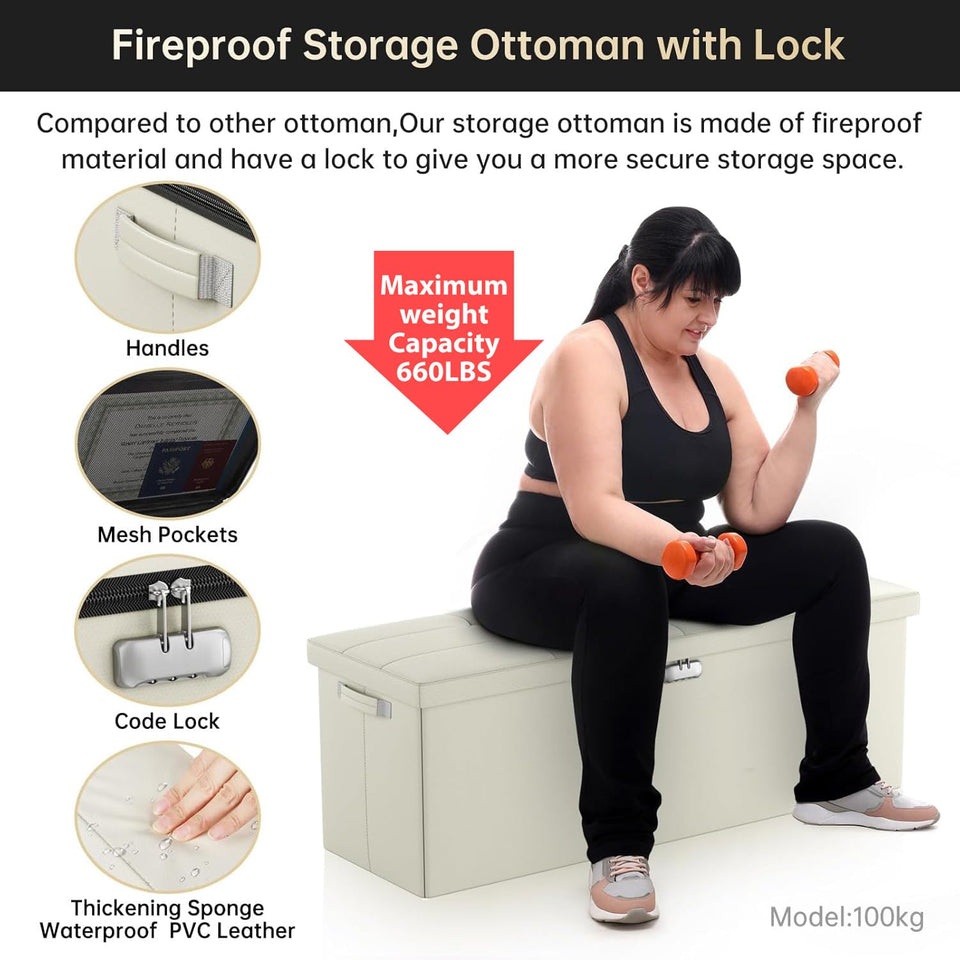 DocSafe Storage Ottoman with Lock,Fireproof Folding Ottoman Foot Rest Stool Storage Chest with Storage Safe for Important Documents,Waterproof 17 Inches Short Ottoman Foot Stool with Handles,Black