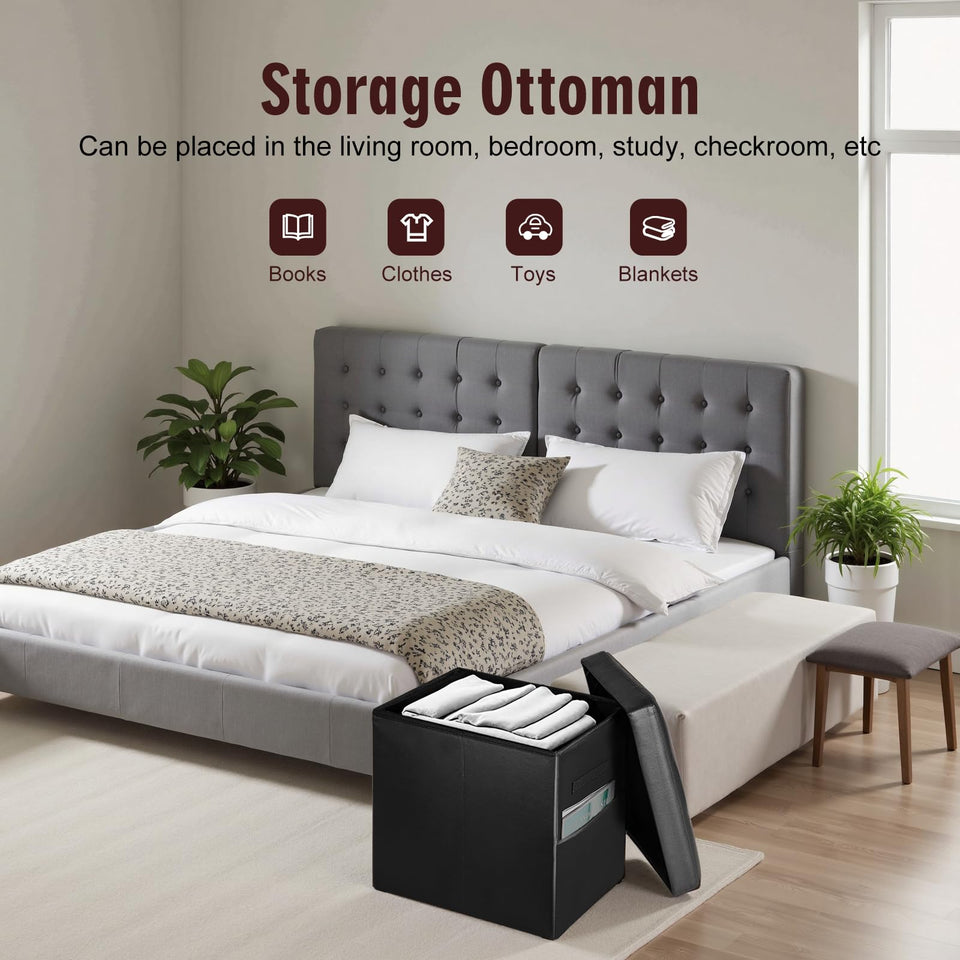 Storage Ottoman Foot Rest Stool, Foldable Leather Footstool Storage Bench with Thicker Foam Padded Seat. Foot Rest Under Desk for Living Room Bedroom 350 lbs, 17x13x13 in, Brown