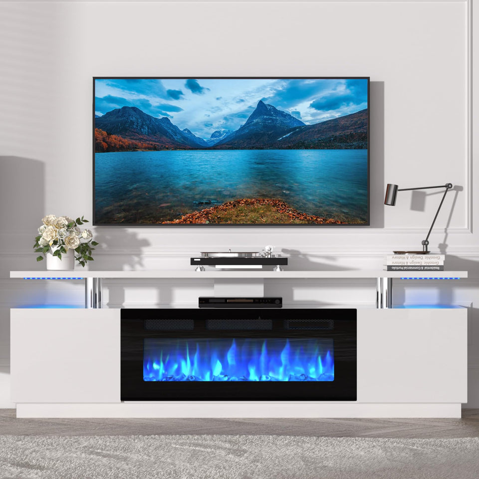 KOKEBREN 70'' Fireplace TV Stand, Entertainment Center with 36'' Firplace, 2 Tier TV Console Cabinet with Storage Cabinet, Electric Fireplace Heater with LED Light and 12 Flame Colors, Black