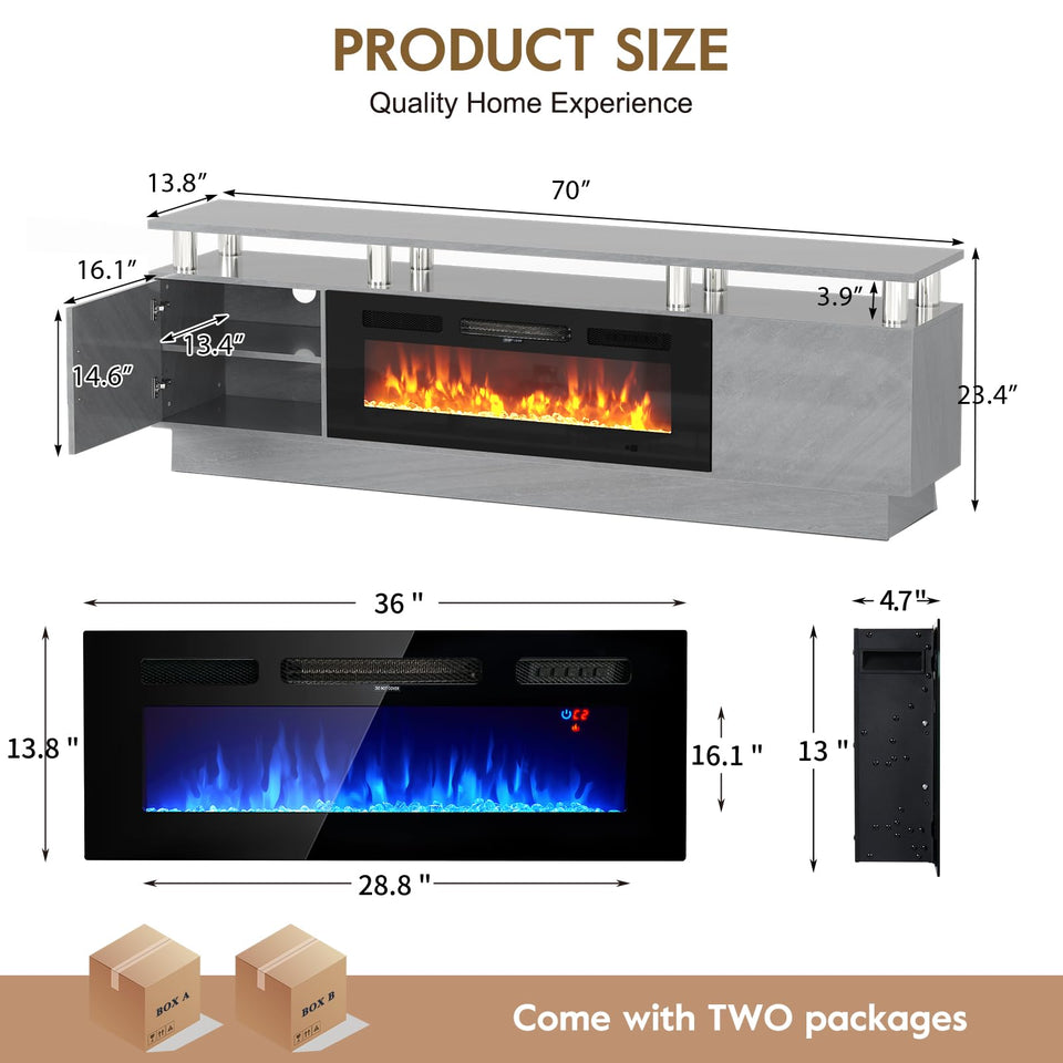 OneBlis 70" TV Stand for Living Room, Modern Entertainment Center & Media Console, Fits TVs up to 80", Storage Cabinet with Shelves, 36" Electric Fireplace with LED Flame (All Black)