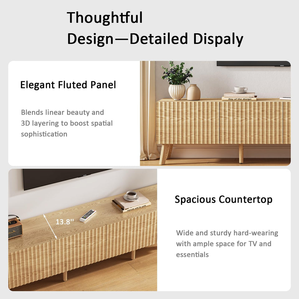 UKAOCAI 86.61'' Tambour TV Stand for 55-85 Inch, Modern Entertainment Center with Large Storage Cabinet & Open Shelves, TV Console with Sliding Doors for Living Room, Bedroom, Natural