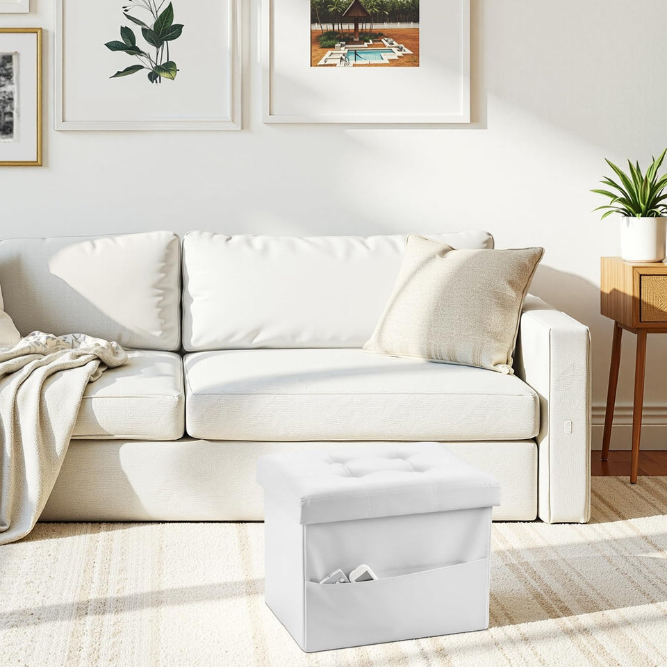 AmasSmile Storage Ottoman Folding Foot Rest Stool, Leather Footstool Bench, Short Ottoman Stool, Storage Foot Rest Store, Books (Black, 17" D x 13" W x 13" H)