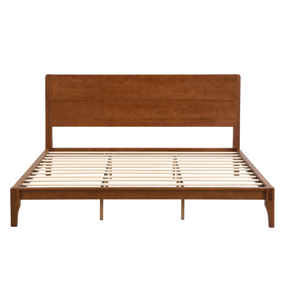 Merax Queen Size Bamboo Platform Bed, Mid-Century Modern Bed Frame with Tall Headboard, Solid Sustainable Bedframe Queen-size, Wood Slat Support, No Box Spring Needed, Easy Assembly, Noise Free, Brown