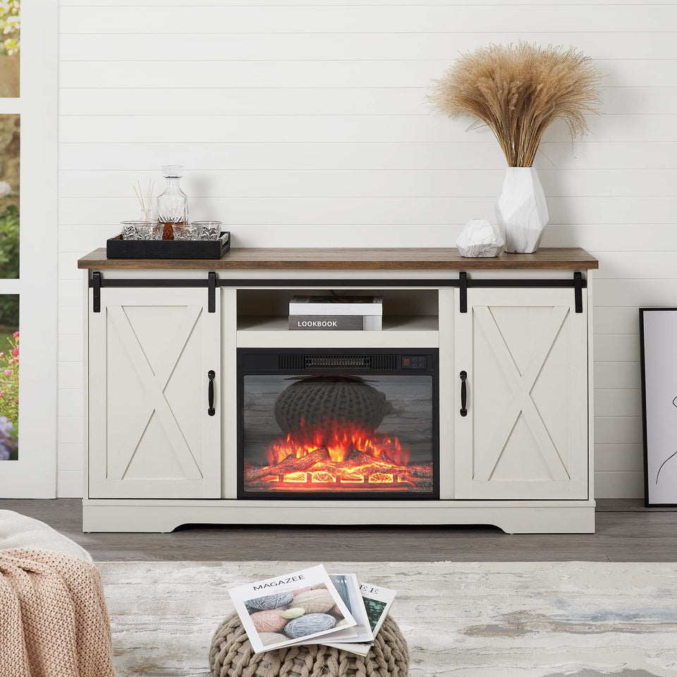AMERLIFE Fireplace TV Stand with Sliding Barn Door for TVs up to 73", Farmhouse 63" Fireplace Entertainment Center with Storage Cabinets/Adjustable Shelves, Distressed White & Barnwood