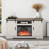 AMERLIFE Fireplace TV Stand with Sliding Barn Door for TVs up to 73", Farmhouse 63" Fireplace Entertainment Center with Storage Cabinets/Adjustable Shelves, Distressed White & Barnwood