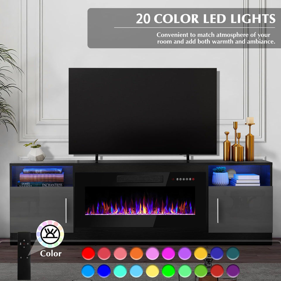 Lemberi Fireplace tv Stand with 36 inch Fireplace Up to 90" TVs, LED Light Entertainment Center and Storage, 80" Modern Wood Media TV Console with Highlight Cabinet for Living Room (White)