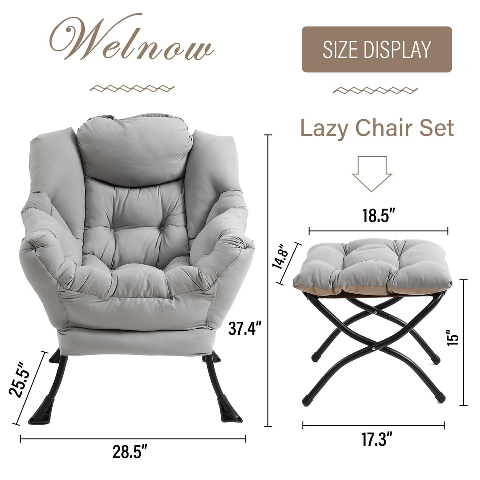Welnow Lazy Chair with Ottoman, Modern Lounge Accent Chair with Armrests and a Side Pocket, Leisure Sofa Armchair, Reading Armchair with Footrest for Small Space, Dark Grey