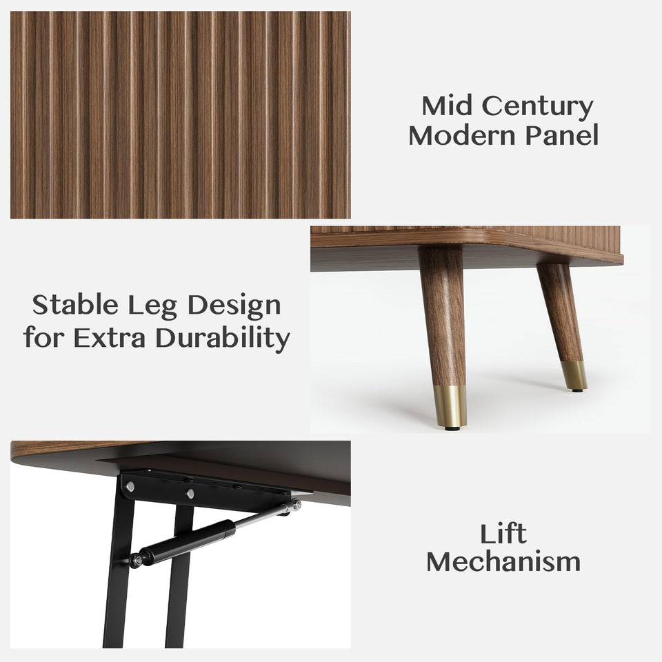 JOINICE, Round Coffee Table with Storage, Mid Century Modern Center Table with Sliding Cabinet Door, Fluted Dining Table for Living Room, Home Small Space, 31.5", Walnut