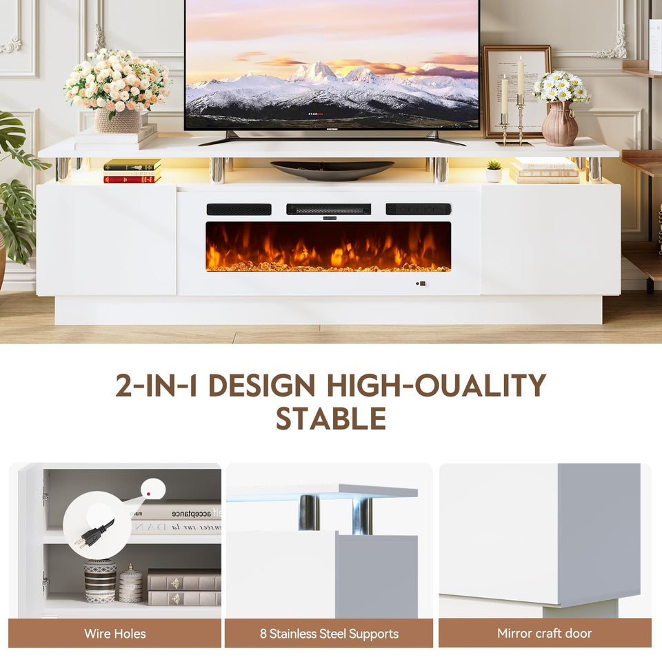 OneBlis 70" TV Stand for Living Room, Modern Entertainment Center & Media Console, Fits TVs up to 80", Storage Cabinet with Shelves, 36" Electric Fireplace with LED Flame (All Black)