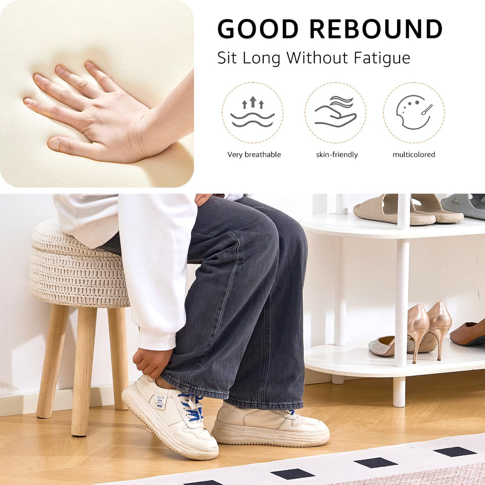 Wimarsbon Pouf Ottoman, 100% Cotton Knitted Boho Footstool, Round Footrest with Non-Skid Wood Legs, Home Décor Handmade Pouffe, Leisure Floor Step Stool for Living Room (Beige)