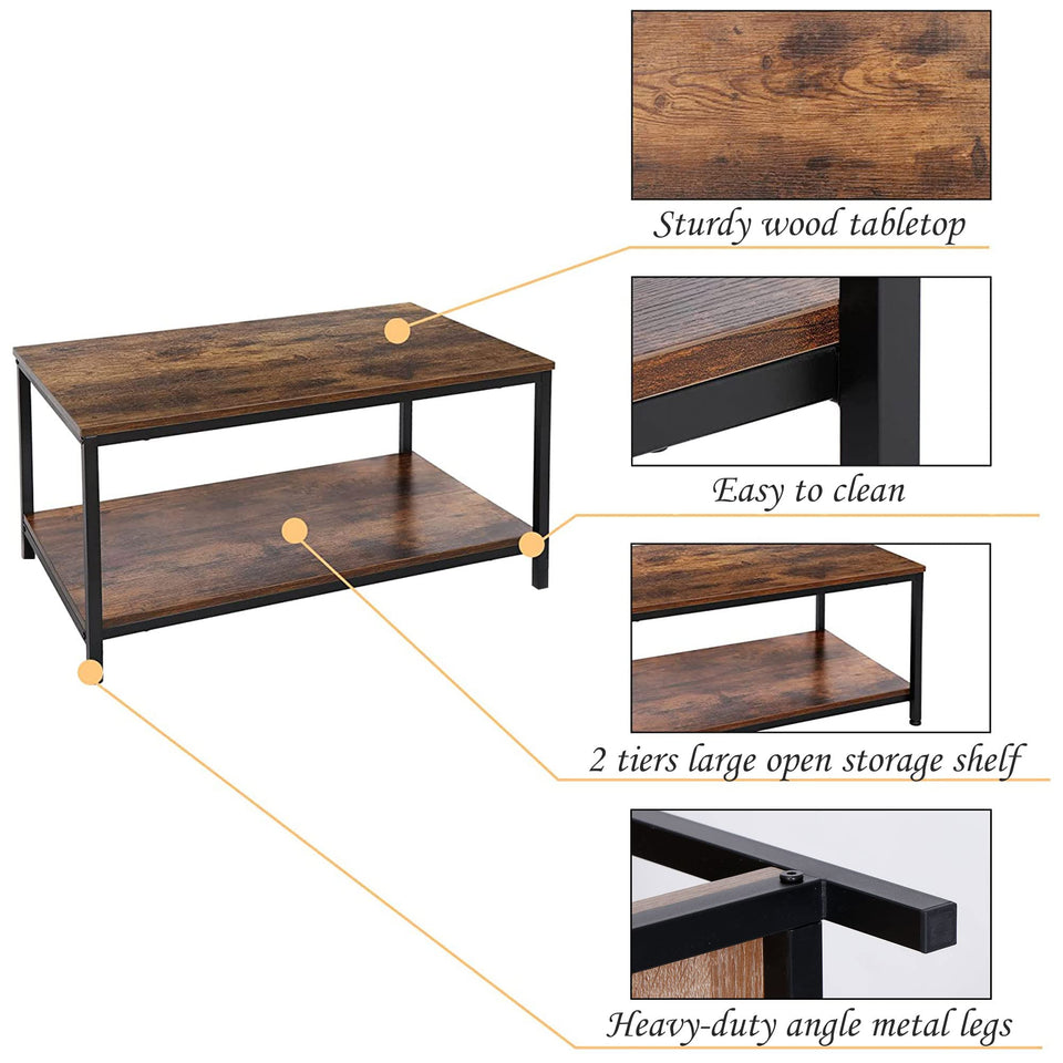 SUPER DEAL 2-Tier Industrial Coffee Table with Storage Shelf for Small Apartment Living Room, Rectangle Wood and Stable Metal TV Stand Side End Table, Rustic Brown