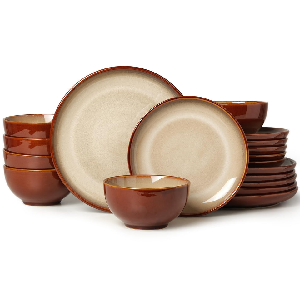 Pokini 24 Piece Dinnerware Sets for 8, Modern Stoneware Plates and Bowls Setst, Perfect for Family Gatherings & Holiday Celebrations, Easy Cleaning Dishes Set, Stack Compactly Dishware, Brown Green