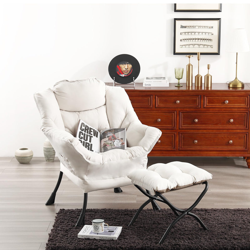 Welnow Lazy Chair with Ottoman, Modern Lounge Accent Chair with Armrests and a Side Pocket, Leisure Sofa Armchair, Reading Armchair with Footrest for Small Space, Dark Grey