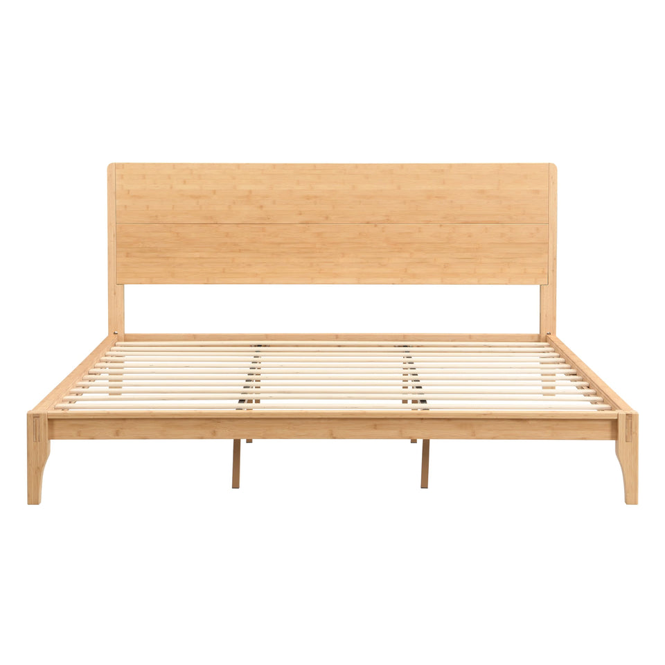 Merax Queen Size Bamboo Platform Bed, Mid-Century Modern Bed Frame with Tall Headboard, Solid Sustainable Bedframe Queen-size, Wood Slat Support, No Box Spring Needed, Easy Assembly, Noise Free, Brown