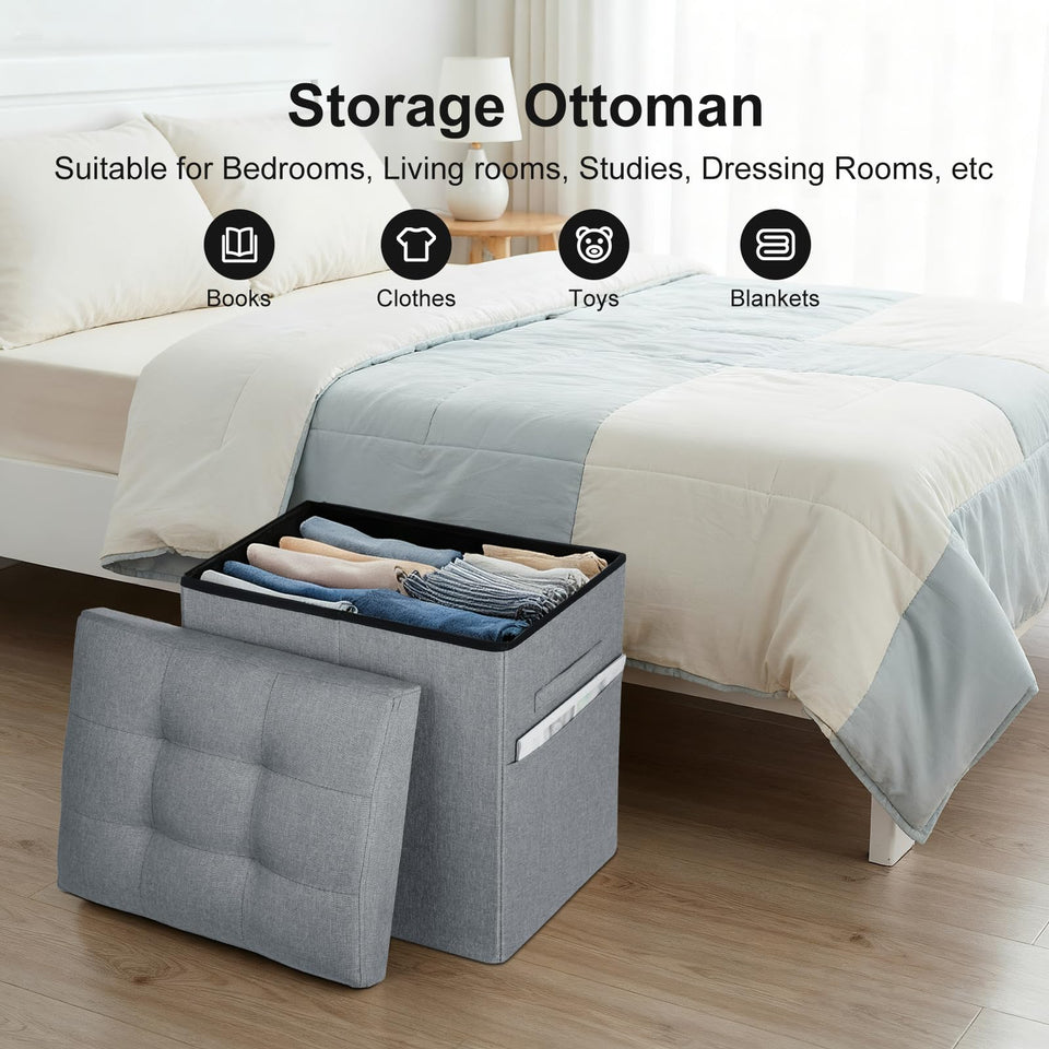 Storage Ottoman with Extra Thick Foam Padded Seat, Foldable Foot Rest Stool with Linen Fabric, 43L Ottoman with Storage Bench for Bedroom Living Room, Holds Up to 300lbs, 17x13x13in, Dark Gray