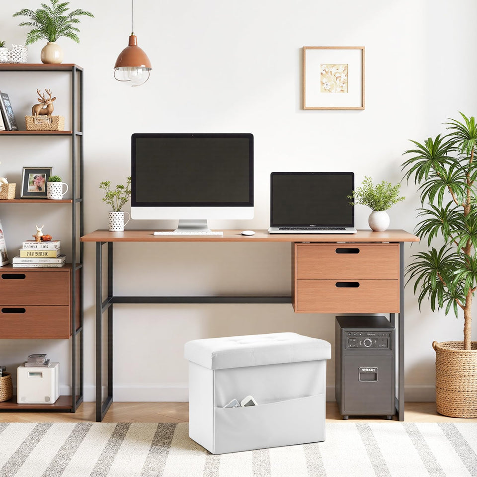 AmasSmile Storage Ottoman Folding Foot Rest Stool, Leather Footstool Bench, Short Ottoman Stool, Storage Foot Rest Store, Books (Black, 17" D x 13" W x 13" H)