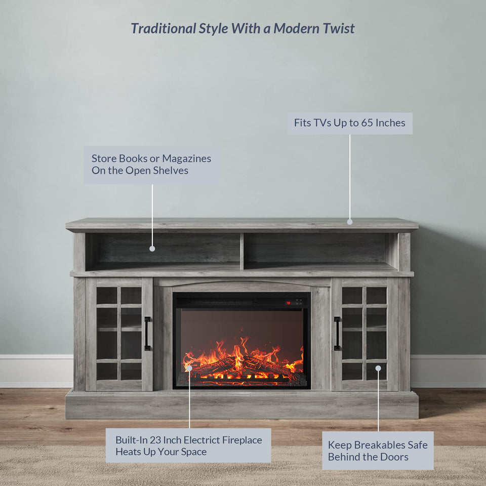 BELLEZE Traditional 58" Rustic TV Stand with 23" Electric Fireplace Heater with Sound, Media Entertainment Center Console Table for TV up to 65" with Open Storage Shelves and Cabinets - Espresso