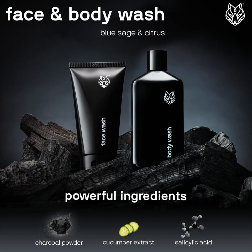 Black Wolf Salicylic Acid Body Wash for Men, 1 Liter - Men's Acne Body Wash - Charcoal Helps Reduce Acne Breakouts & Cleanse Your Skin - Full Coverage & Deep Clean Treatment - Men's Bodywash