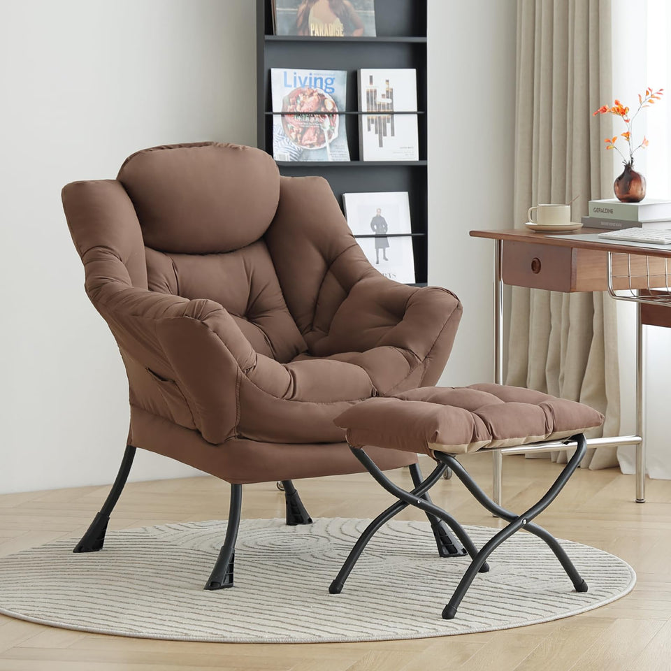 LITA Lazy Chair with Ottoman, Modern Accent Leisure Upholstered Lazy Sofa Armchair, Contemporary Lounge Reading Chair with Armrests and a Side Pocket for Living Room, Bedroom & Small Space, Dark Grey