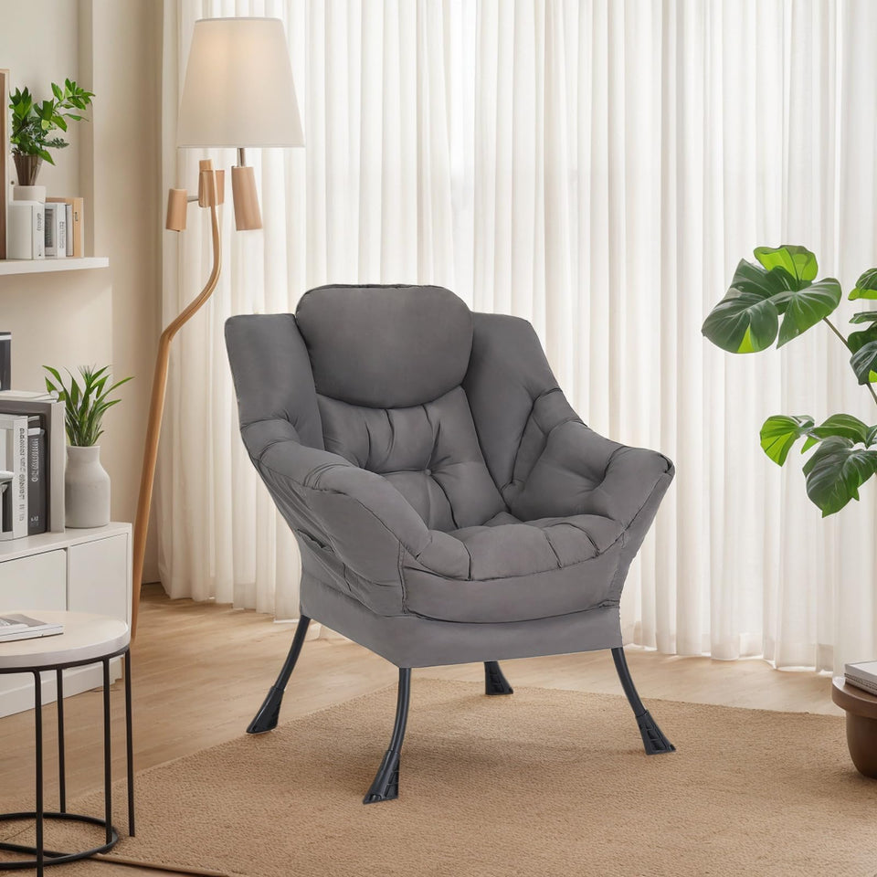 Welnow Lazy Chair with Ottoman, Modern Lounge Accent Chair with Armrests and a Side Pocket, Leisure Sofa Armchair, Reading Armchair with Footrest for Small Space, Dark Grey