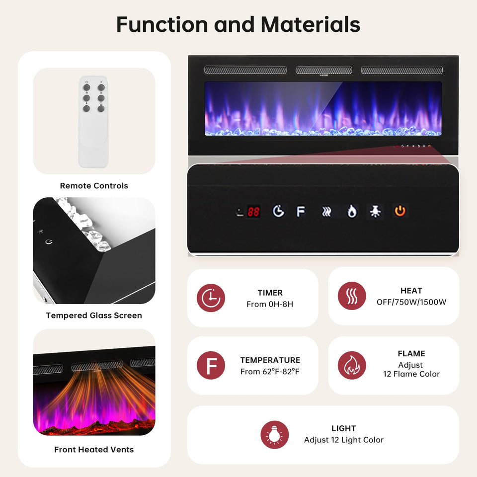 oneinmil 80" Fireplace TV Stand, 50 Inch Electric Fireplace & Modern Entertainment Center, TV Console with Adjustable Shelf & Glass Door for TVs Up to 90", Fire Place TV Stands for Living Room, Black