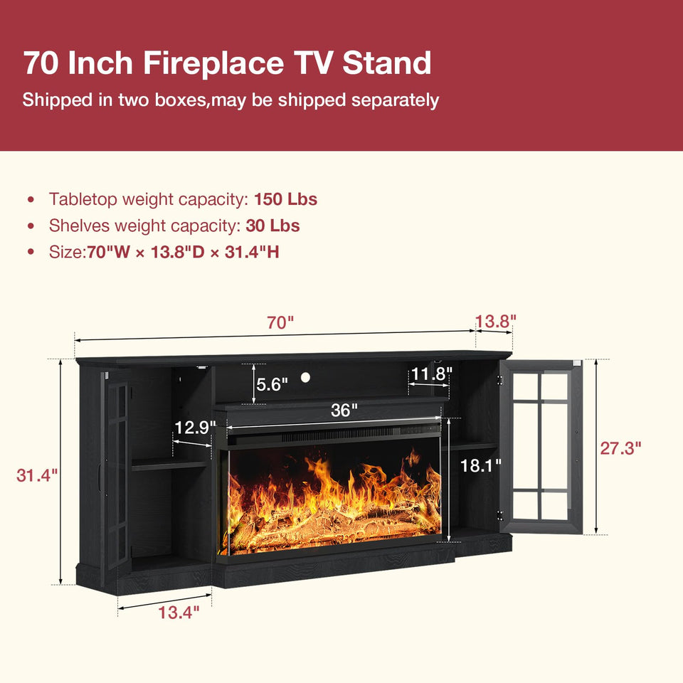 oneinmil 36 Inch 3-Sided Glass Fireplace TV Stand for TVs up to 80", Rustic Media Entertainment Center Console Table with Glass Door Closed Storage, Set of TV Table, White