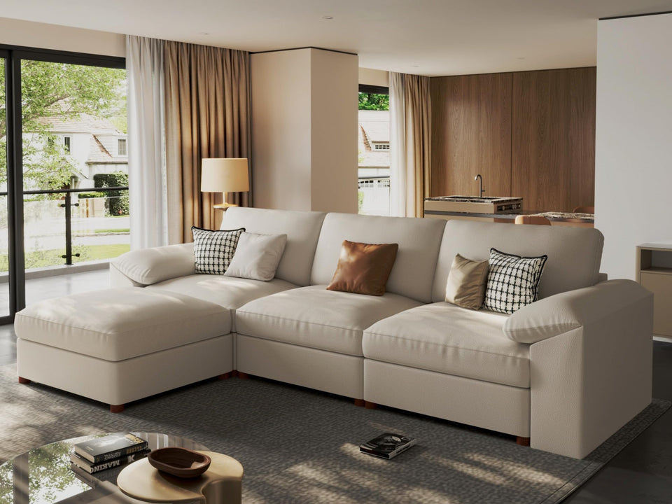 EASE MOOSE Leather Sectional Couch, Oversized Modular Sectional Sofas, Wide Deep Seat Modular Couch, Scratch Resistant Faux Leather Material, L Shaped Sofa for Big Spaces,Beige