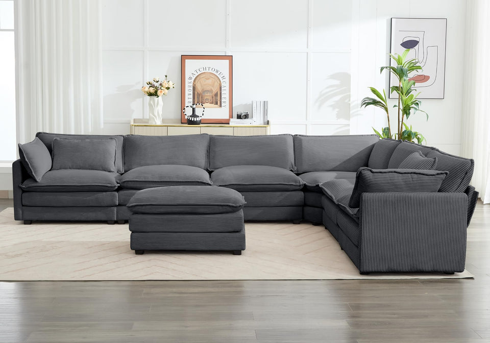 ROWHY 150'' Modular Sectional Sofa Cloud Couch, Corner Sofa Big Comfy Corduroy Oversized L Shaped Couch with 4 Pillows, Chaise, Ottoman, Deep Seat Couches for Living Room Office, Dark Grey