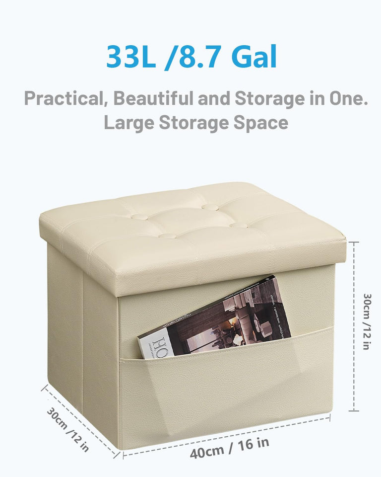 AmasSmile Storage Ottoman Folding Foot Rest Stool, Leather Footstool Bench, Short Ottoman Stool, Storage Foot Rest Store, Books (Black, 17" D x 13" W x 13" H)