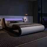 Allewie Queen Size LED Platform Bed Frame with Adjustable Headboard/No Box Spring Need/Easy Assembly/Faux Leather in Black