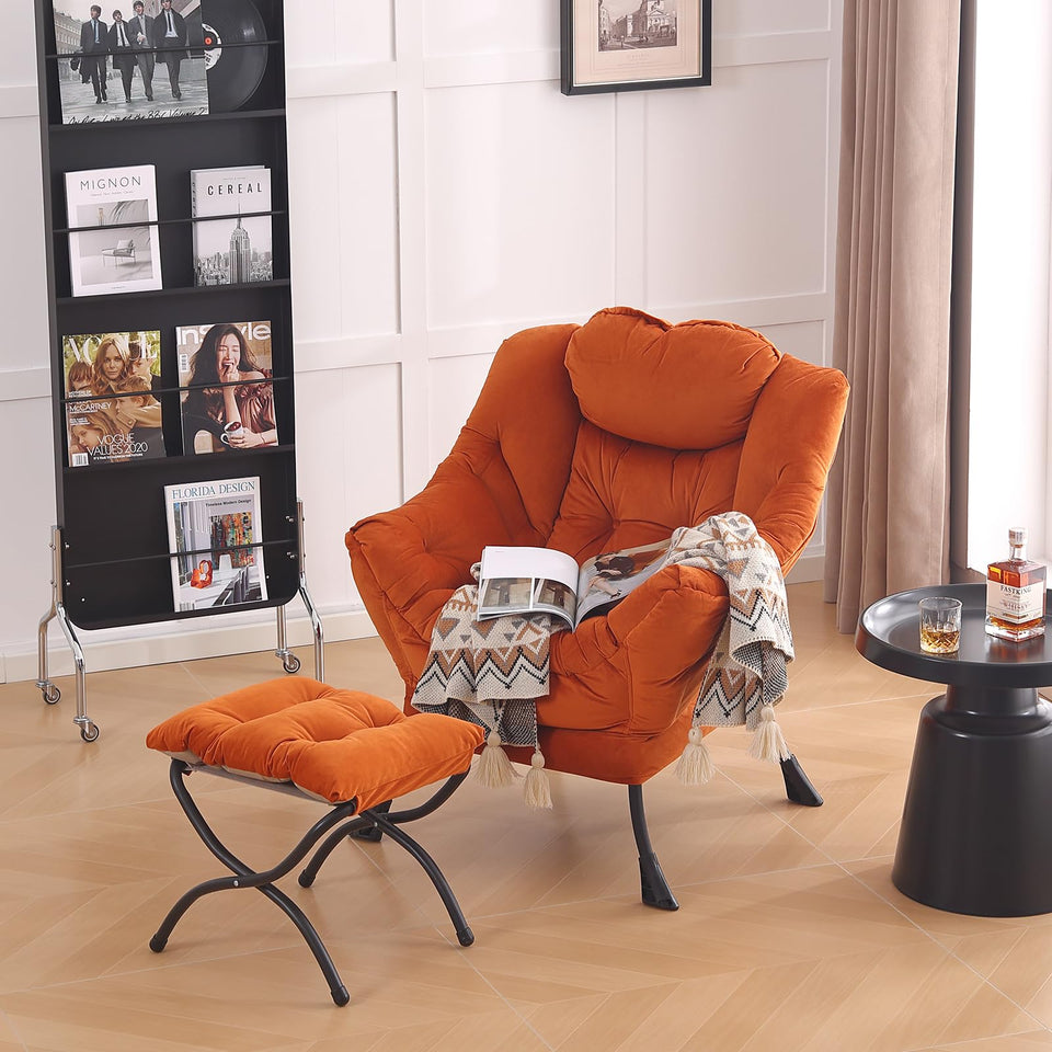 LITA Lazy Chair with Ottoman, Modern Accent Leisure Upholstered Lazy Sofa Armchair, Contemporary Lounge Reading Chair with Armrests and a Side Pocket for Living Room, Bedroom & Small Space, Dark Grey