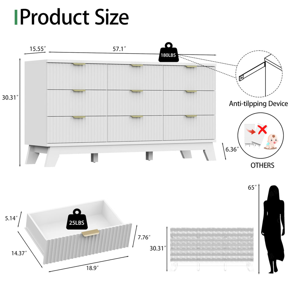 Fluted Dresser for Bedroom with 9 Drawers, 57" Wide Modern Chest of Drawers with Metal Handle, Wooden Dresser TV Stand, Wood Closet Clothes Storage Organizer for Living Room, Hallway, Natural Oak