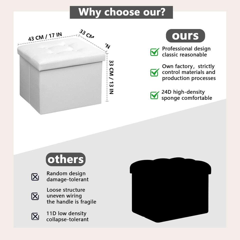 AmasSmile Storage Ottoman Folding Foot Rest Stool, Leather Footstool Bench, Short Ottoman Stool, Storage Foot Rest Store, Books (Black, 17" D x 13" W x 13" H)