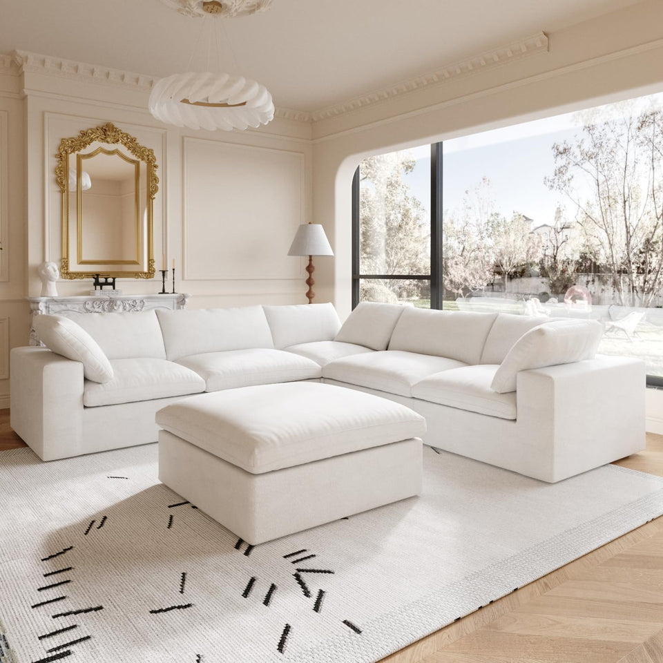 160.6" Cloud Couch Modular Sectional Sofa for Livingroom,Oversized Convertible Sofa with Storage Ottomans,6 Seat Wide Couches,Cushion Covers Removable (Khaki, 6 Seater)